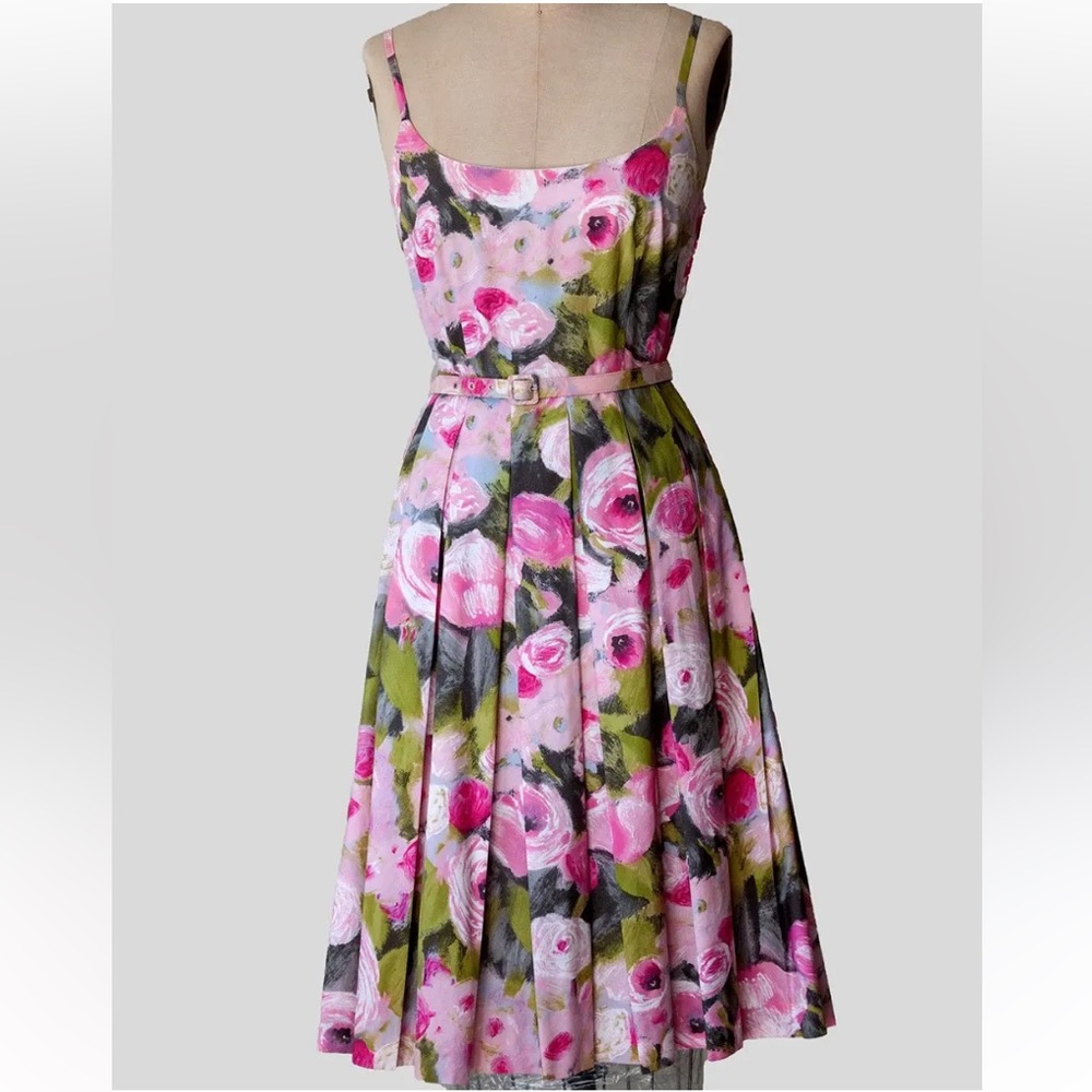 Trina Turk Watercolor Roses Floral A-Line Pleated Dress - Picture 5 of 10